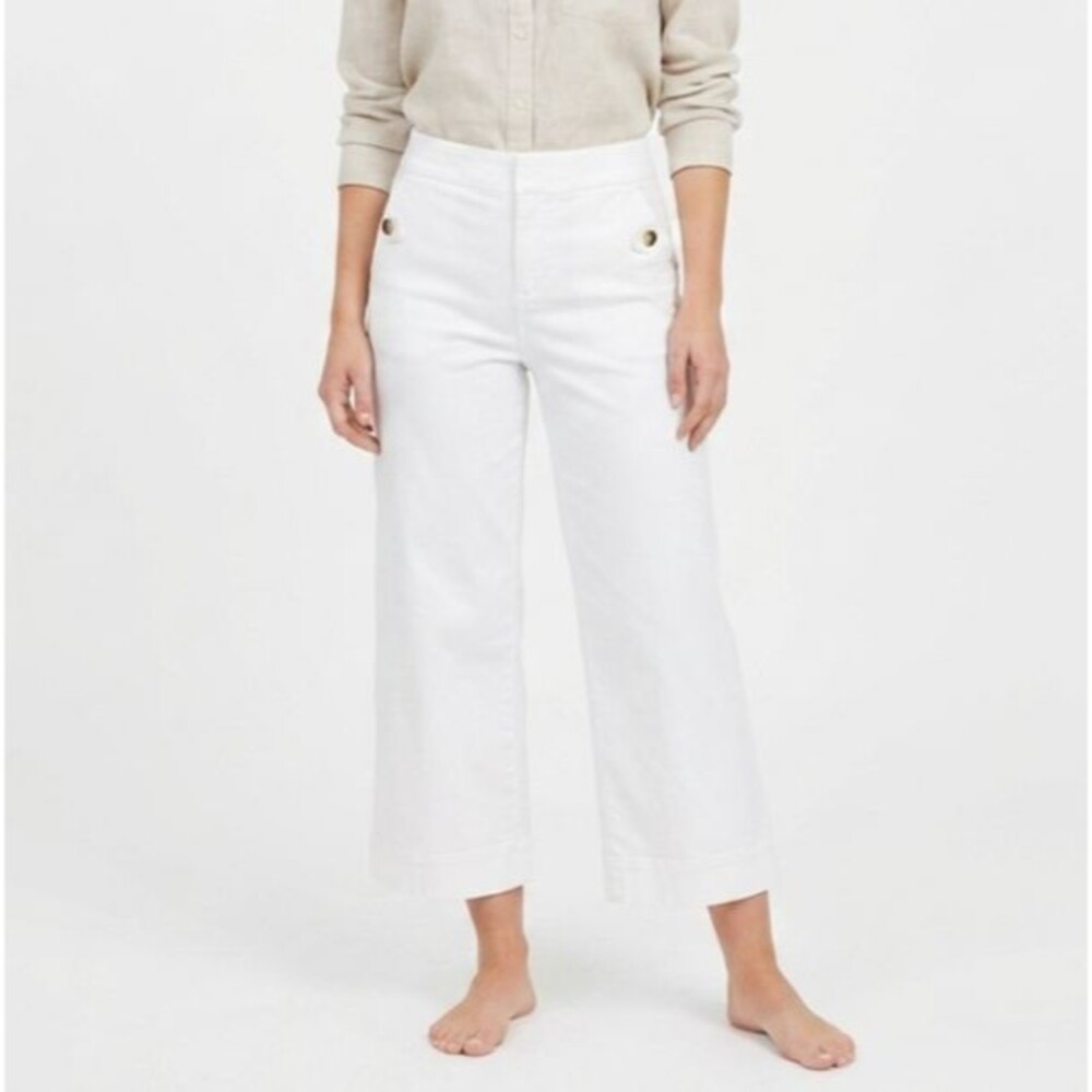 Spanx Stretch Twill Cropped Wide Leg Pants White Womens Sz M Button Pocket 26x23